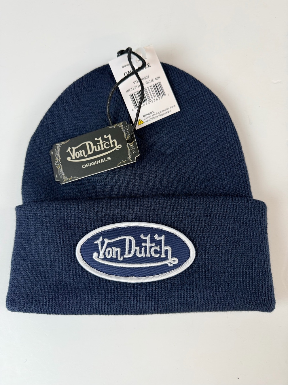 Von Dutch Navy Blue Cuffed Beanie with White Logo Patch